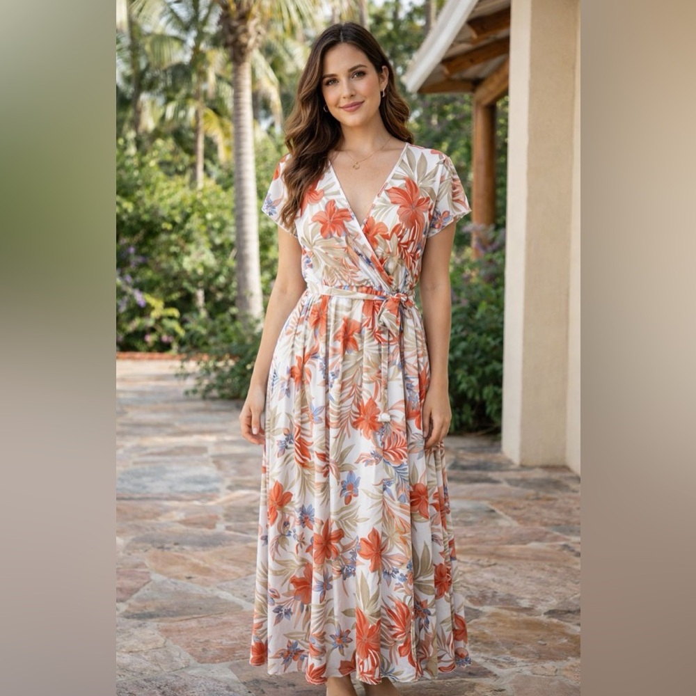 Kate and Lily Floral Maxi Dress Size 6 White Red Tropical Sheer Top